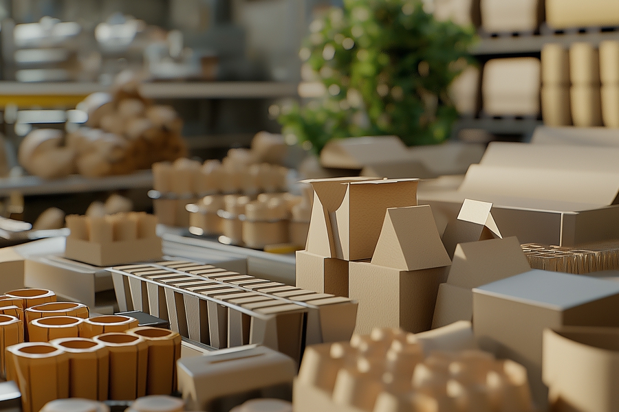 Eco-friendly packaging materials displayed on a table, including paper, cardboard, and plant-based plastics