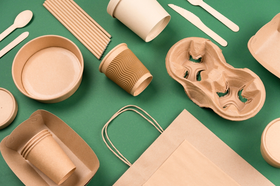 Recycled paper and cardboard packaging materials used in sustainable packaging solutions